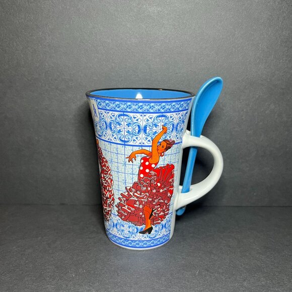 Gavi Blue & Red Spanish Tile Spain Espana Flamenco Dancer Mug Cup w/ Spoon - Picture 1 of 7
